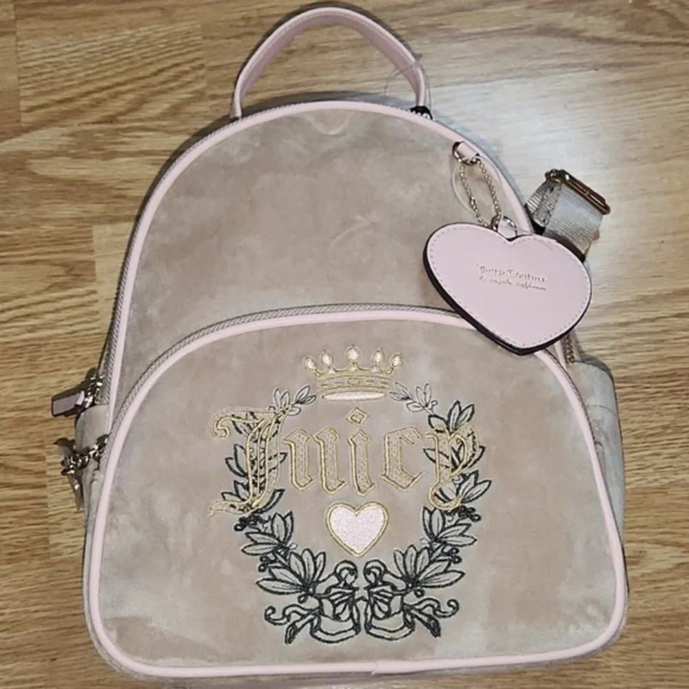 Juicy Couture Beige/ Pink Backpack with Heart Design and Suede Texture - Picture 1 of 11